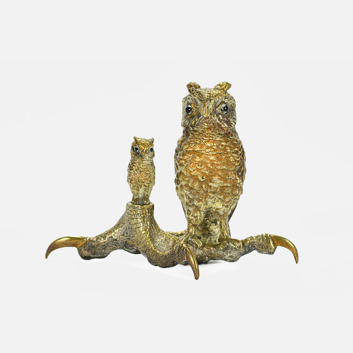 Antique 19thC Figural Bronze Glass Eye Owl Inkwell