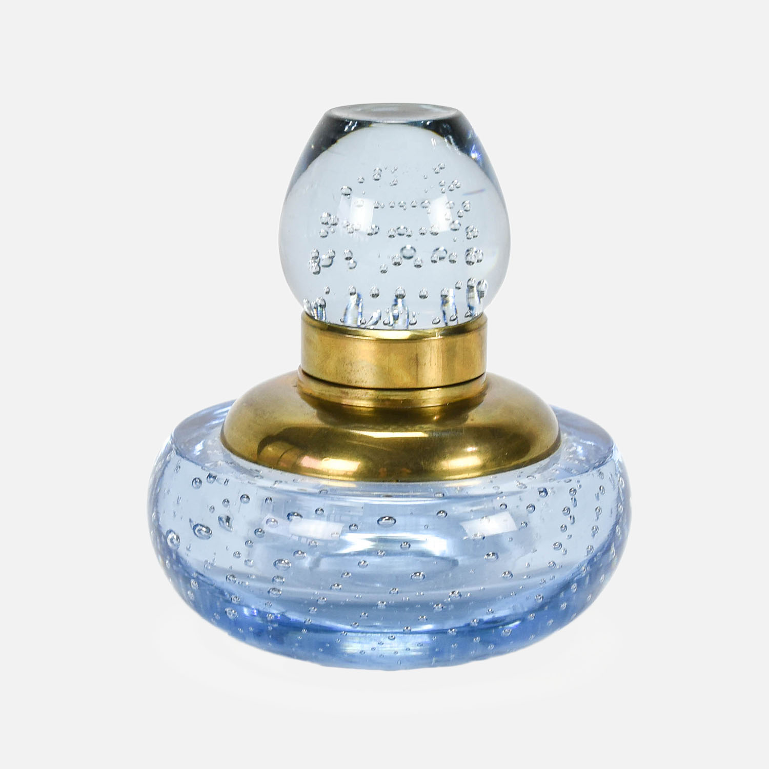 Fine Controlled Bubble Blue Glass and Brass Inkwell