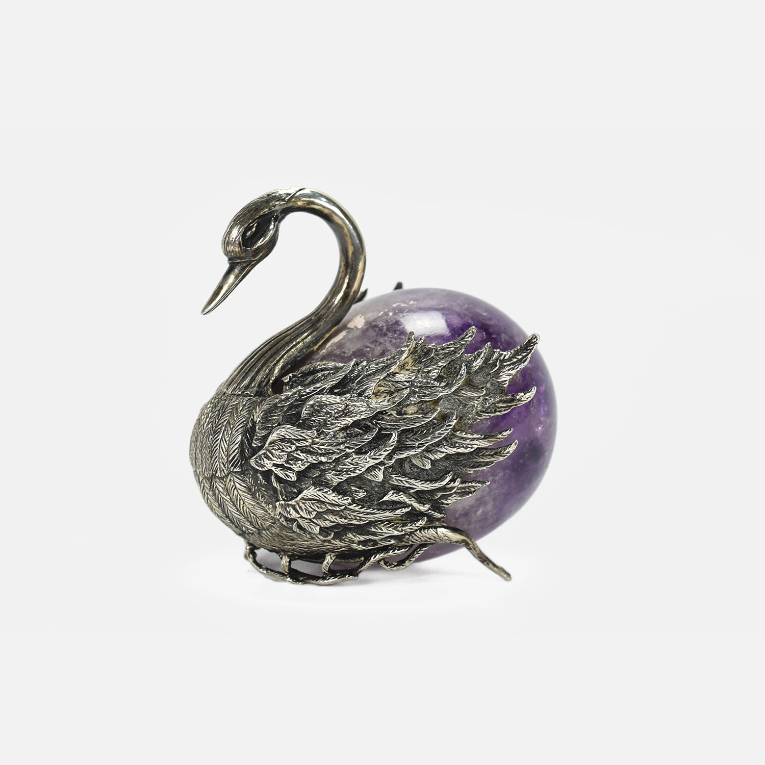 Amethyst Egg w/Sterling Silver Swan Figural Mount