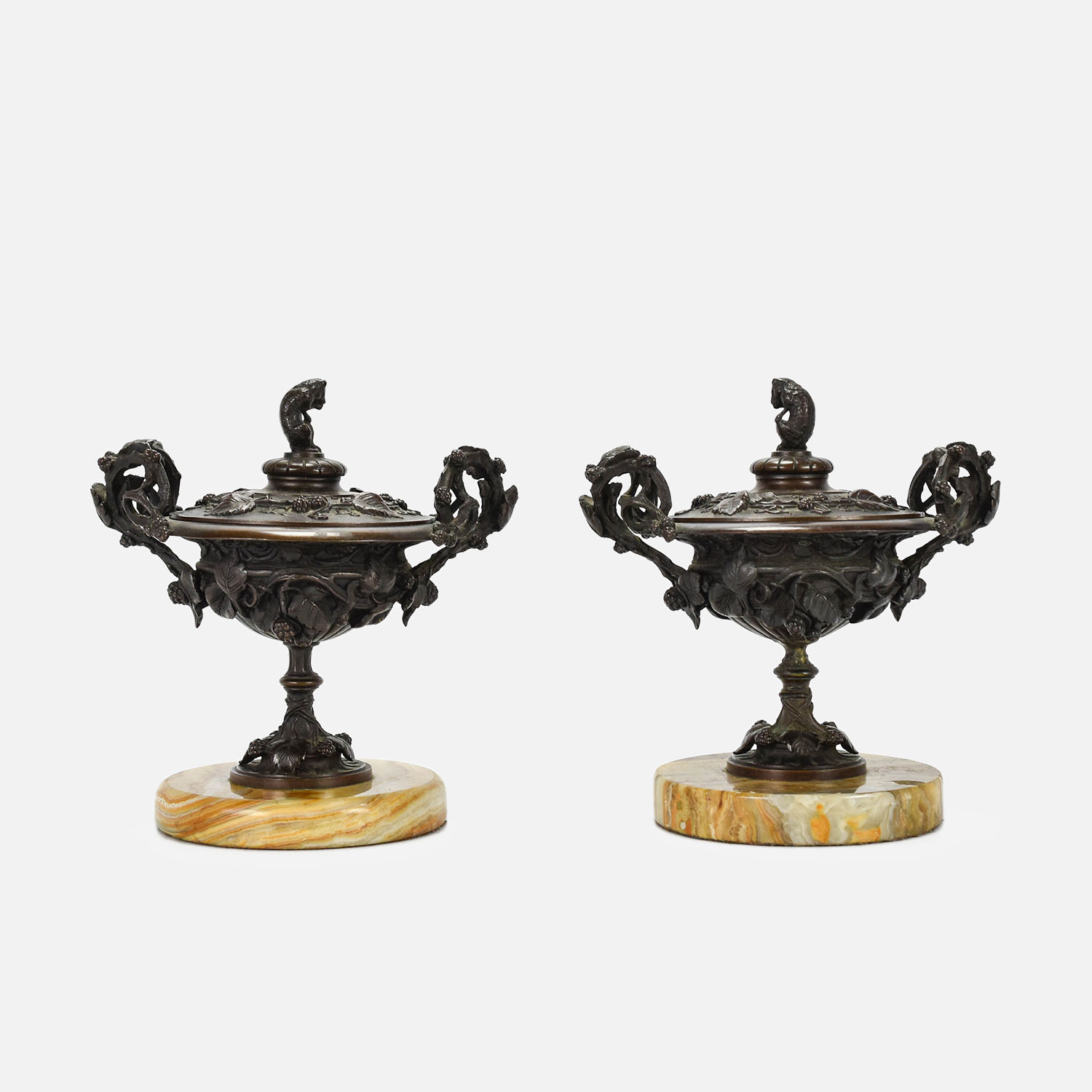 Pair Antique 19thC Tabletop Tazza Bronze Lidded Urns