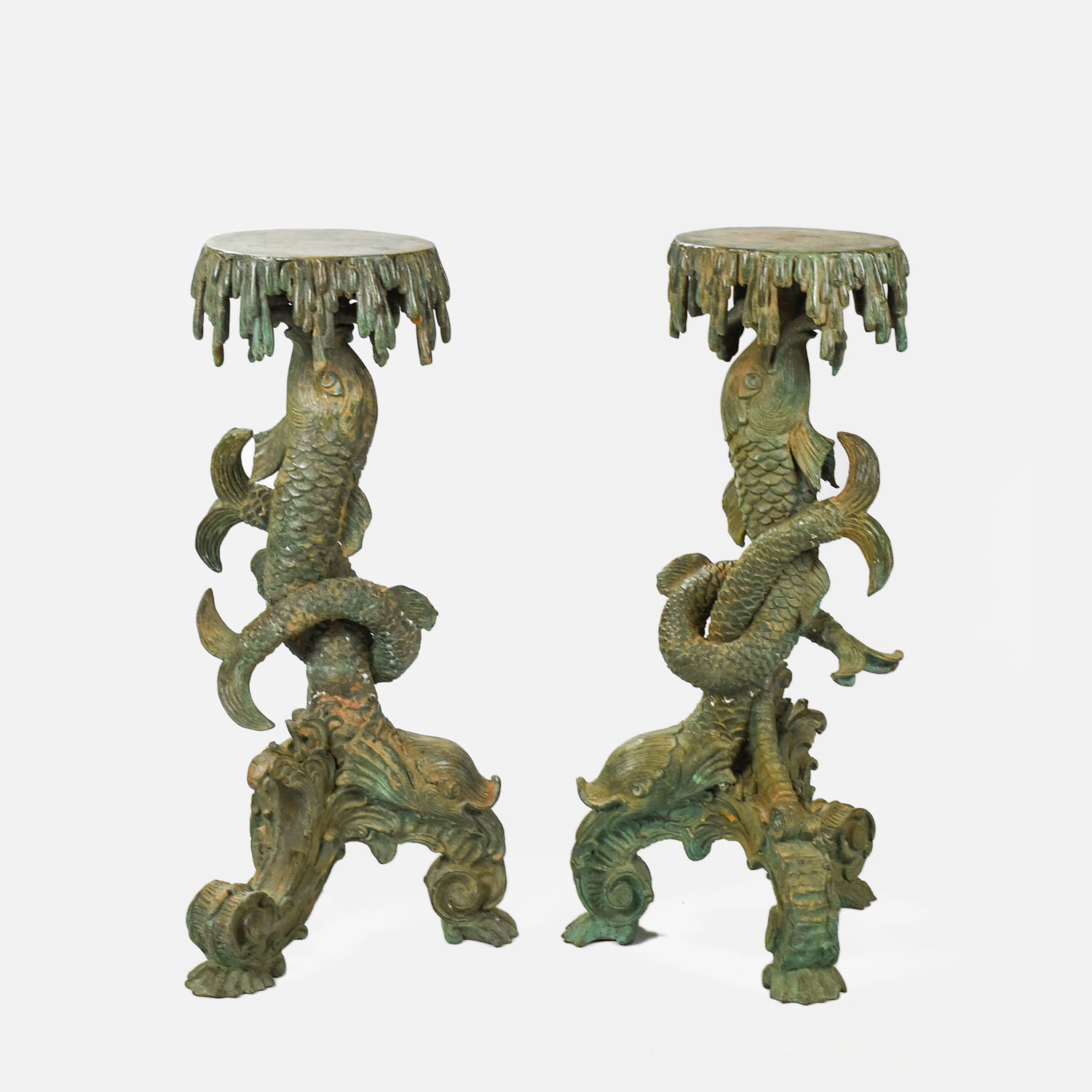 Pair Oxyidized Bronze Neoclassical Dolphin Pedestals