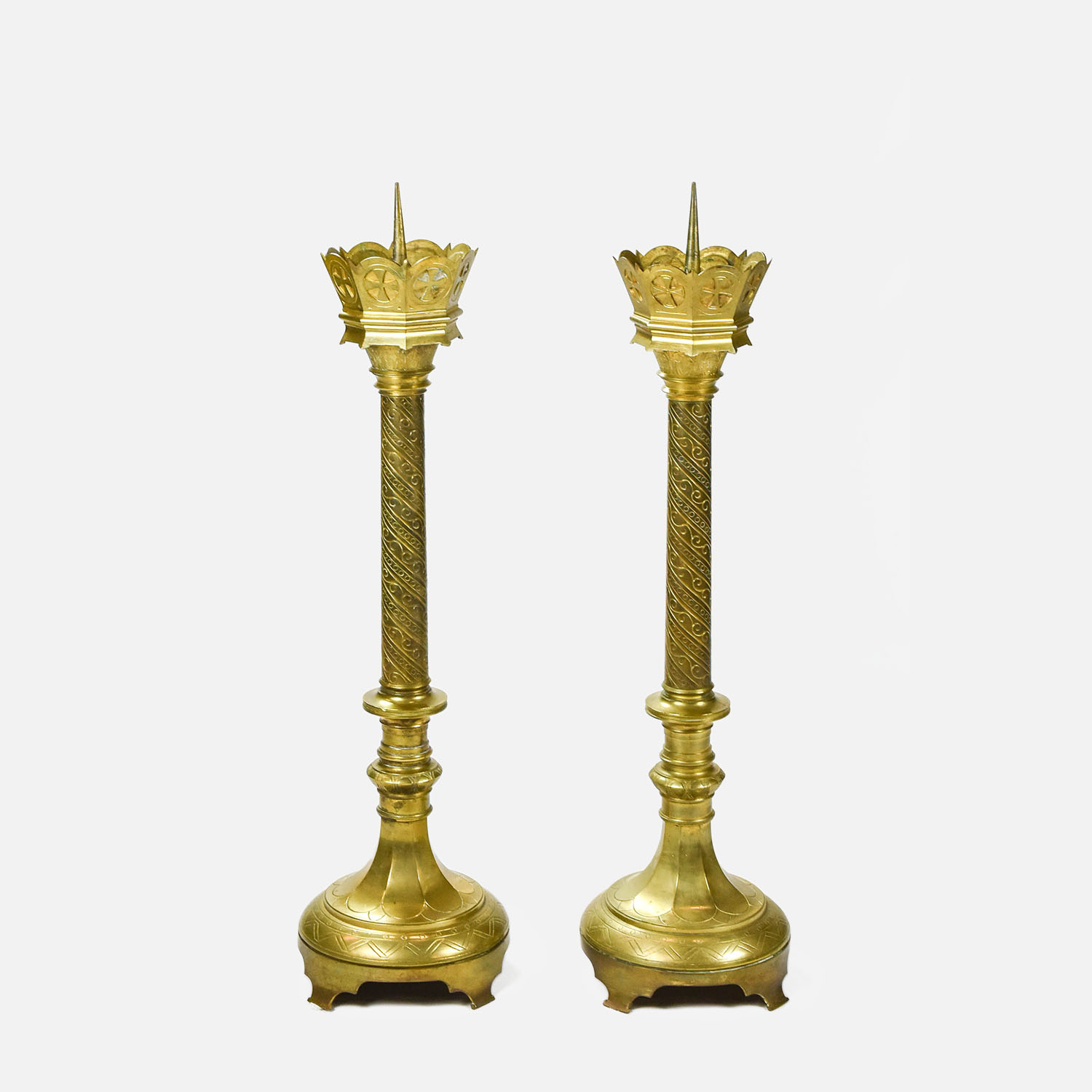 Pair Large Cast Brass Ecclesiastical Floor Pricketts