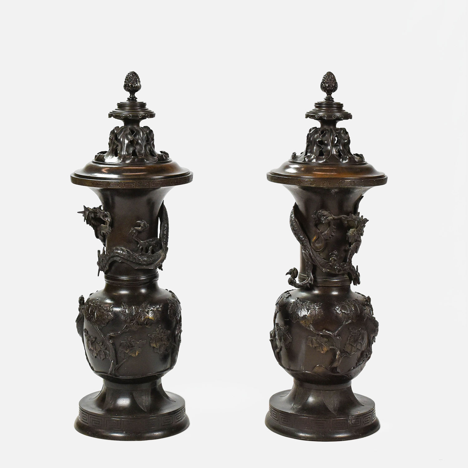 Pair European/Chinese Motif Cast Bronze Floor Urns