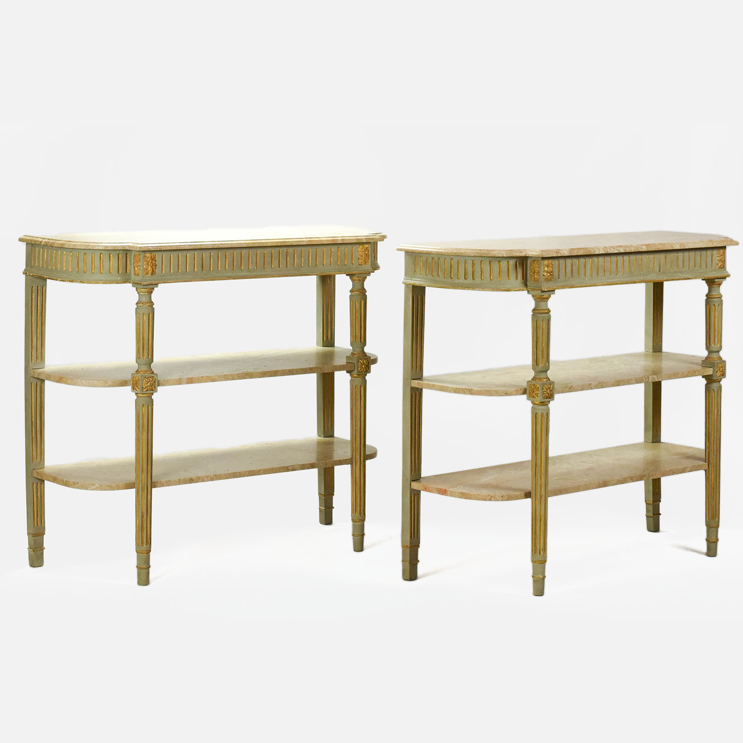 Pair French Wood and Marble Tri-Tier Console Tables