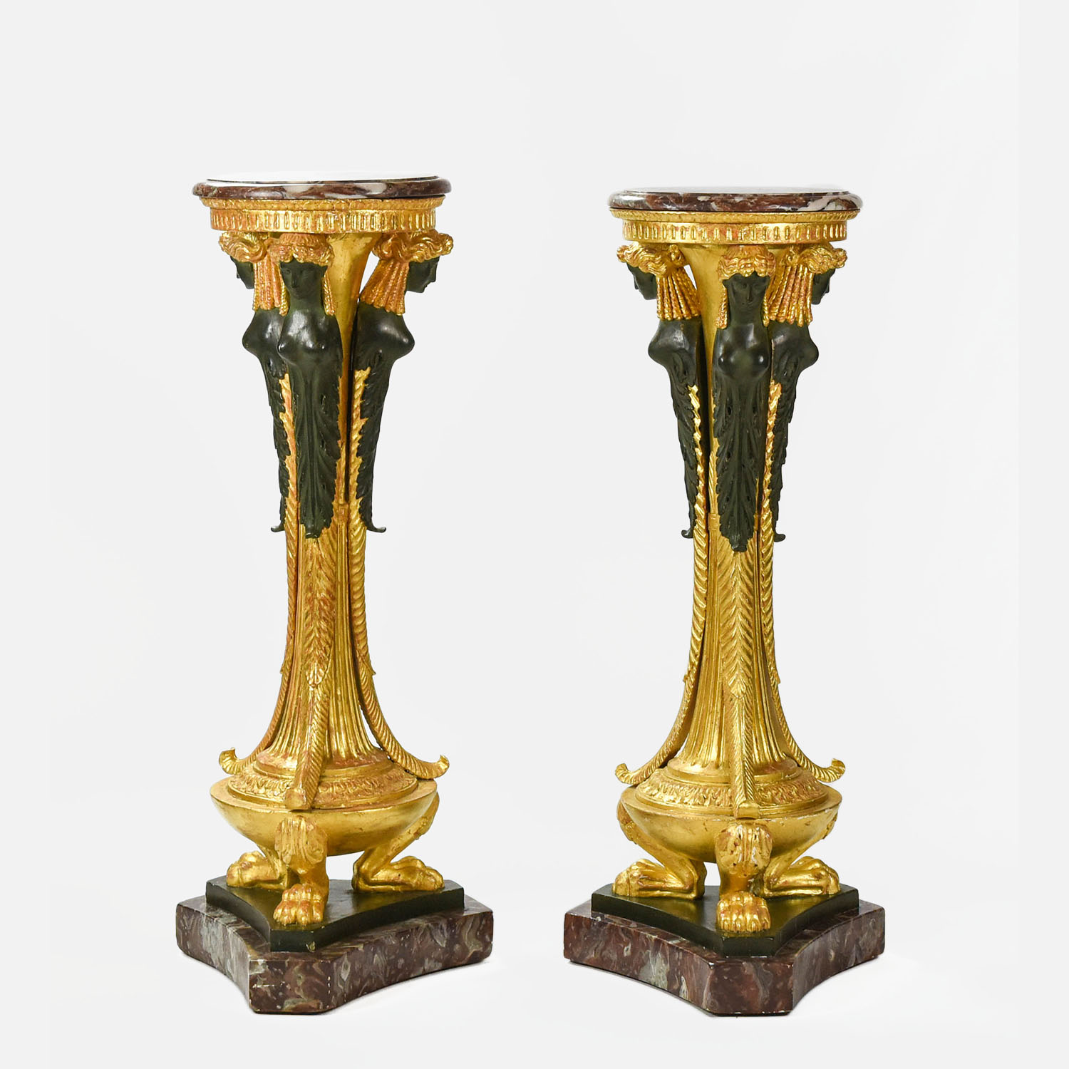 Marble and Gilt Painted Wood Pedestal Plant Stands