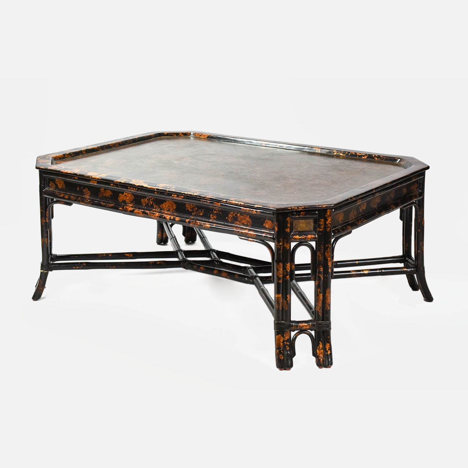 Large Low Black and Gold Lacquer Bamboo Coffee Table
