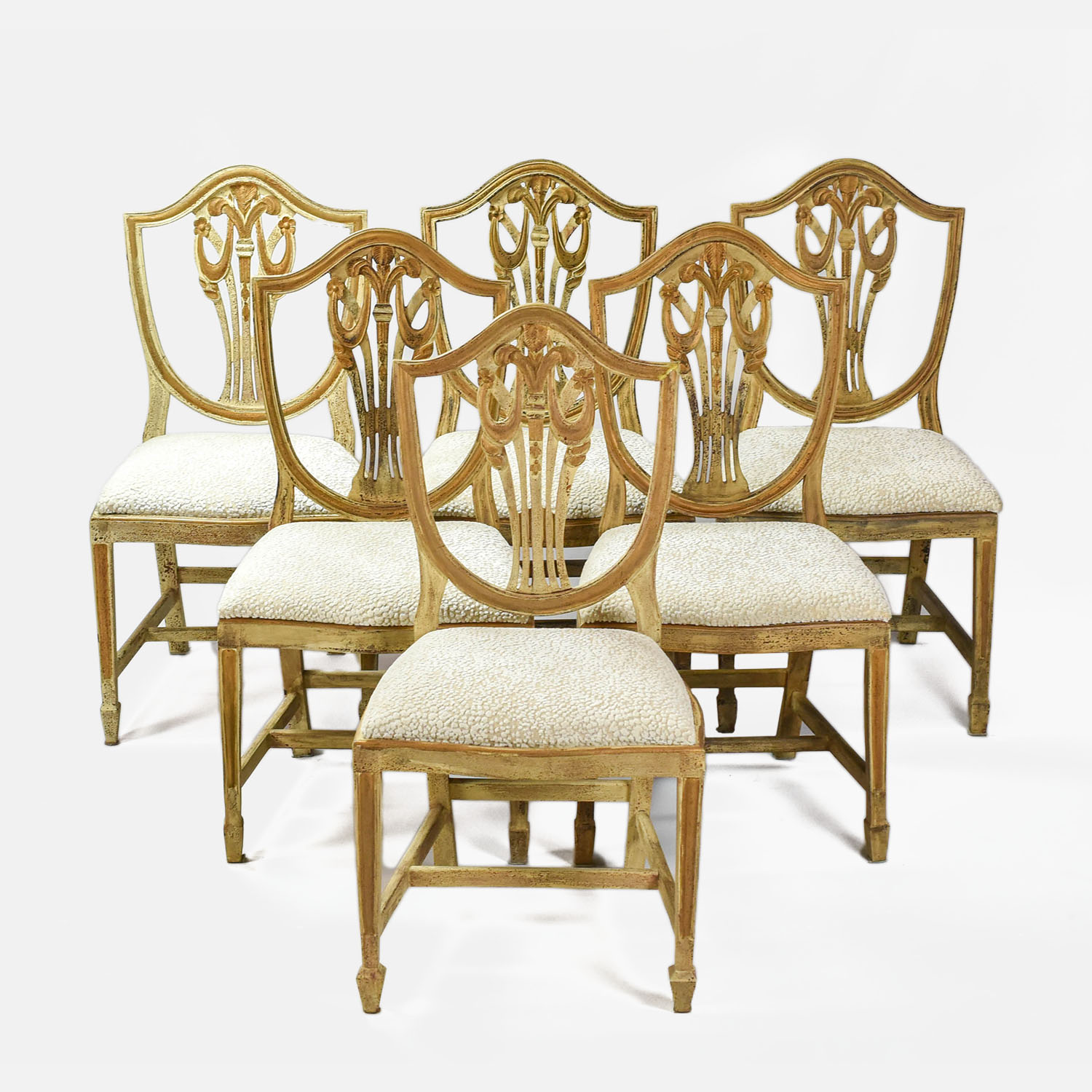 Six Distressed White Federal Style Dining Chairs