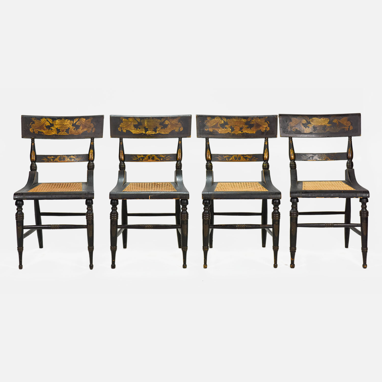 4 Antique Regency Stenciled Back Cane Bottom Chairs